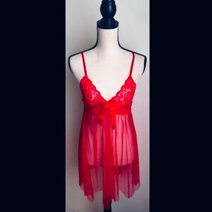 Red Lace Sheer Lingerie Dress: Mesh Chemise w/ Thong: Empire Wst, Bow Tie, Sz. S
